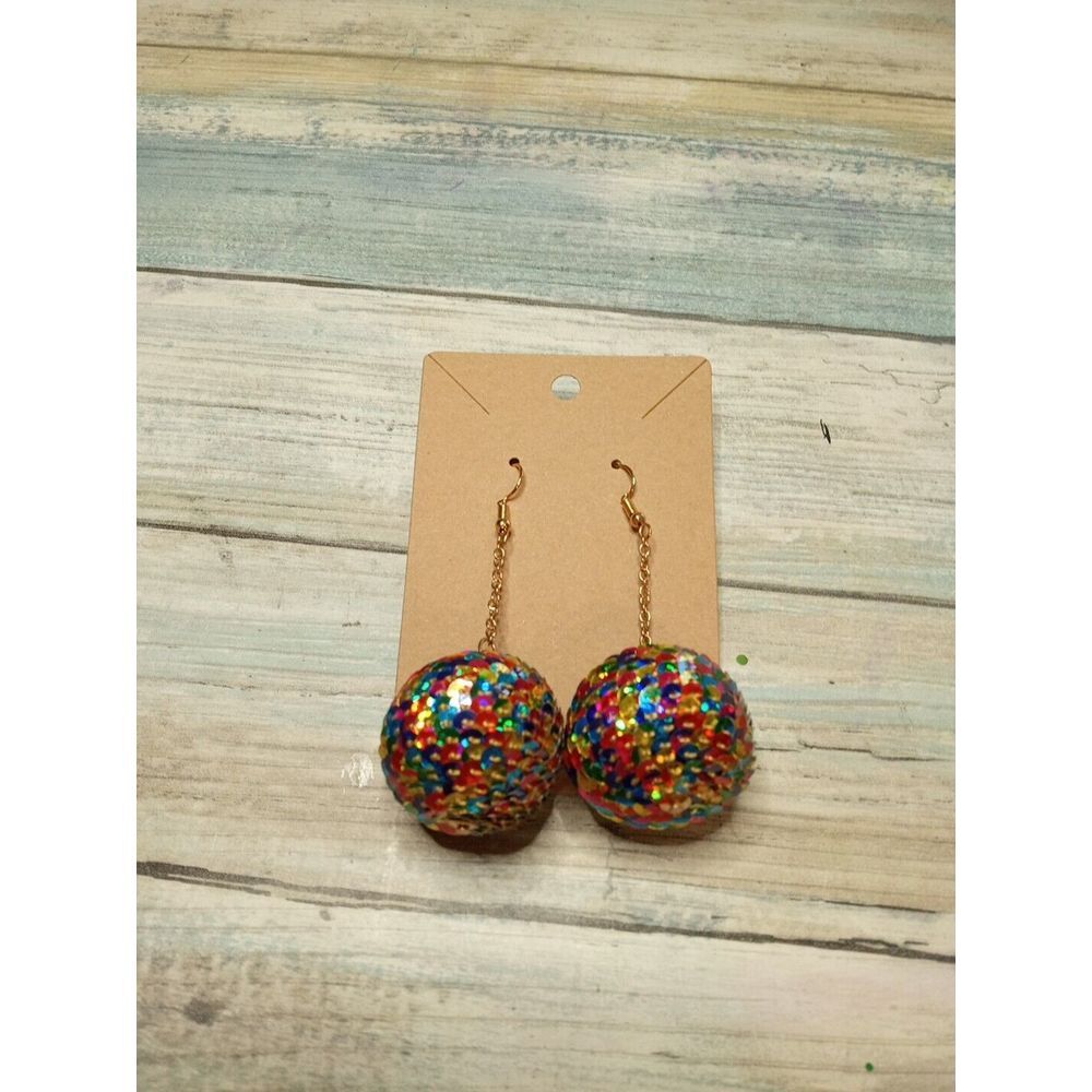 Sequin Rainbow‎ Disco Ball Drop Dangle EARRINGS Chain NWOT